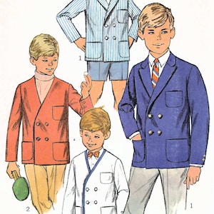 May include: Illustration of four children wearing different double-breasted blazers. The blazers are in various colors, including blue, orange, and white. One blazer has blue and white stripes. The children are wearing shorts, pants, and a bow tie.