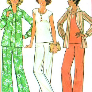 May include: Illustration of three women in vintage outfits. One wears a green floral print suit. Another is in a white top and trousers. The third is in an orange outfit with a striped shirt.