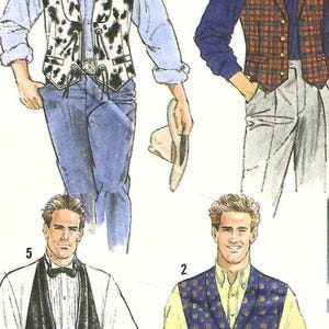 May include: A sewing pattern illustration featuring four waistcoat designs. Design 4 is a cow-print waistcoat, design 1 is a red and black plaid waistcoat, design 5 is a black tuxedo waistcoat with a bow tie, and design 2 is a blue waistcoat with a gold circular pattern.
