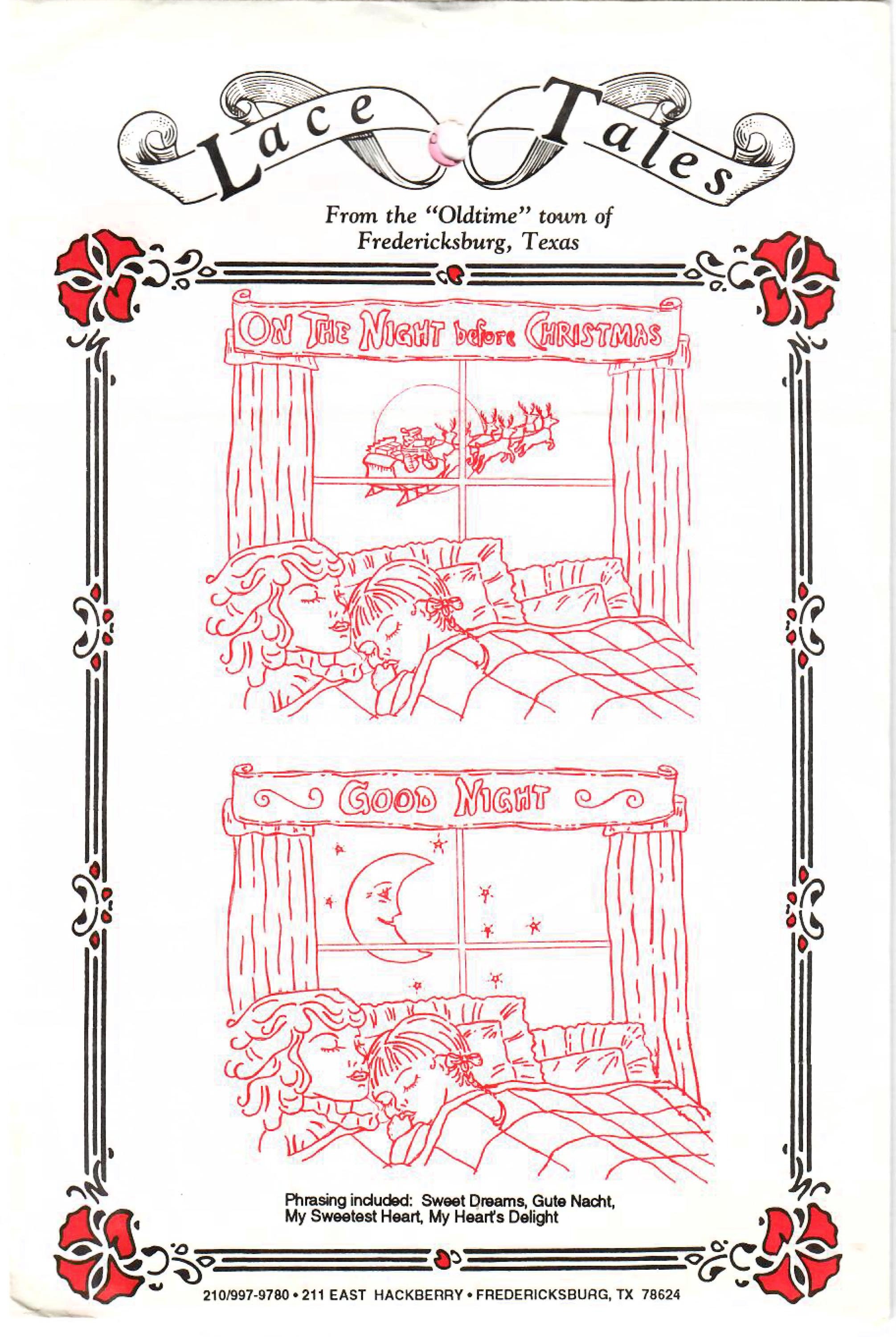 1990s Lace Tales Vintage Hot Iron Transfer Pattern Red Work Night Before Christmas, Good Night Motifs
