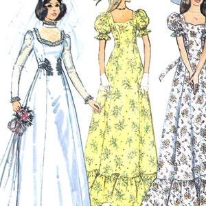 May include: A fashion illustration featuring three floor-length dresses. The first is a white gown with a veil and dark accents. The second is a yellow dress with a floral print, puff sleeves, and a ruffled hem. The third is a floral print dress with a hat.