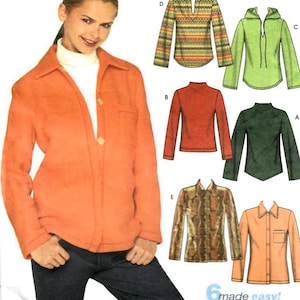 May include: An orange jacket with a white turtleneck and blue jeans. The image also shows six different shirt designs, including a green hooded shirt, a red turtleneck, and a patterned shirt. The text "6 made easy!" is visible.