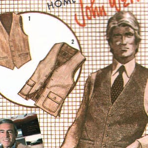 May include: Vintage illustration of a man wearing a brown tweed vest over a white shirt and tie. The image also features two vest designs, one with pockets, and a portrait of a smiling man.