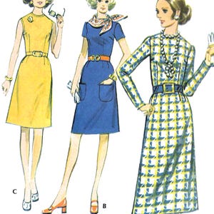 May include: Illustration of three vintage dresses. The first is a sleeveless yellow dress with a belt. The second is a blue dress with short sleeves and pockets. The third is a long-sleeved dress with a blue, yellow, and white plaid pattern.