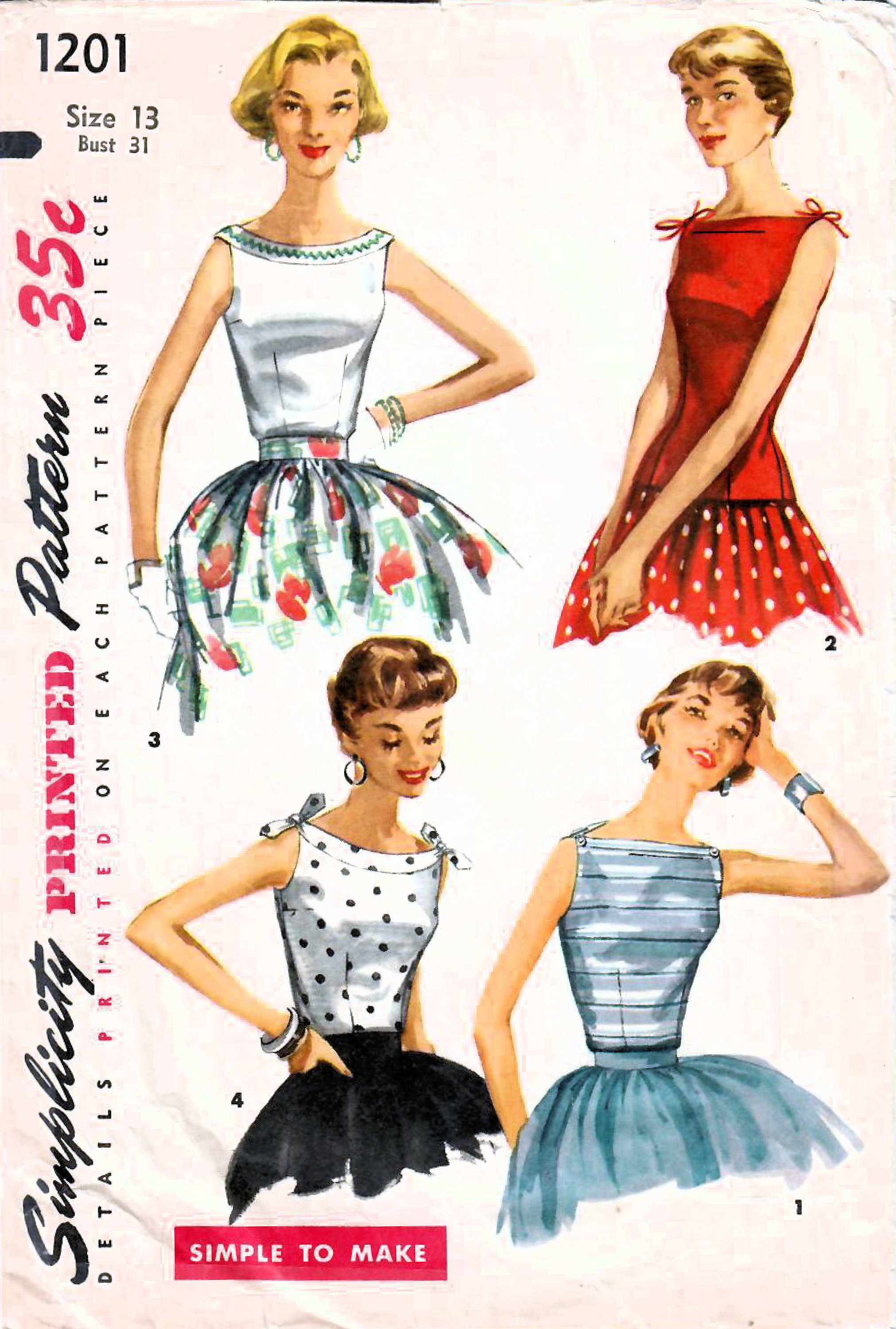 1950s Simplicity 1201 Vintage Sewing Pattern Misses and