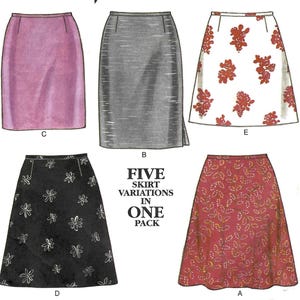 May include: Five skirt variations in one pack. The image shows five different skirt designs: a solid pink skirt, a gray skirt, a white skirt with red floral print, a black skirt with white floral print, and a red skirt with a leaf pattern.