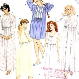 May include: A sewing pattern illustration featuring five variations of nightgowns and robes. The designs include long-sleeved button-front gowns, sleeveless gowns with lace trim, and a long robe, shown in floral prints and solid white or blue fabric.