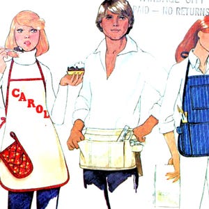 Puede incluir: Ilustración de varias personas con camisas blancas y delantales, algunas con los nombres "BOB" y "CAROL". Sostienen pequeños pasteles y utensilios de cocina. Los delantales son blancos, azules y de mezclilla.