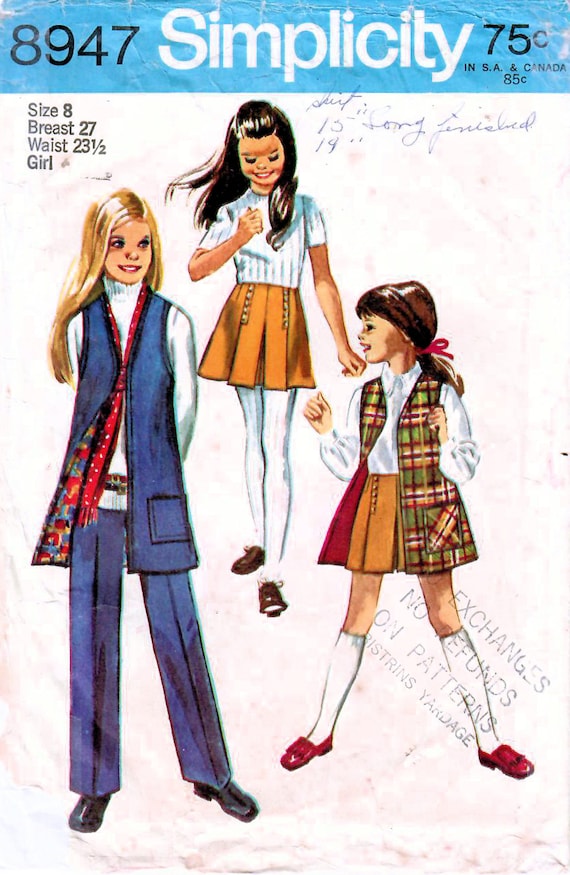 1970s Simplicity 8947 Vintage Sewing Pattern Girls Mini Skirt, Long Pants,  Reversible Long Vest Size 7, Size 8 