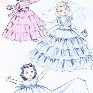 May include: Illustration of three vintage doll dresses. One is pink with a tiered skirt and long sleeves. Another is a white wedding dress with a veil. The third is a blue polka dot dress.