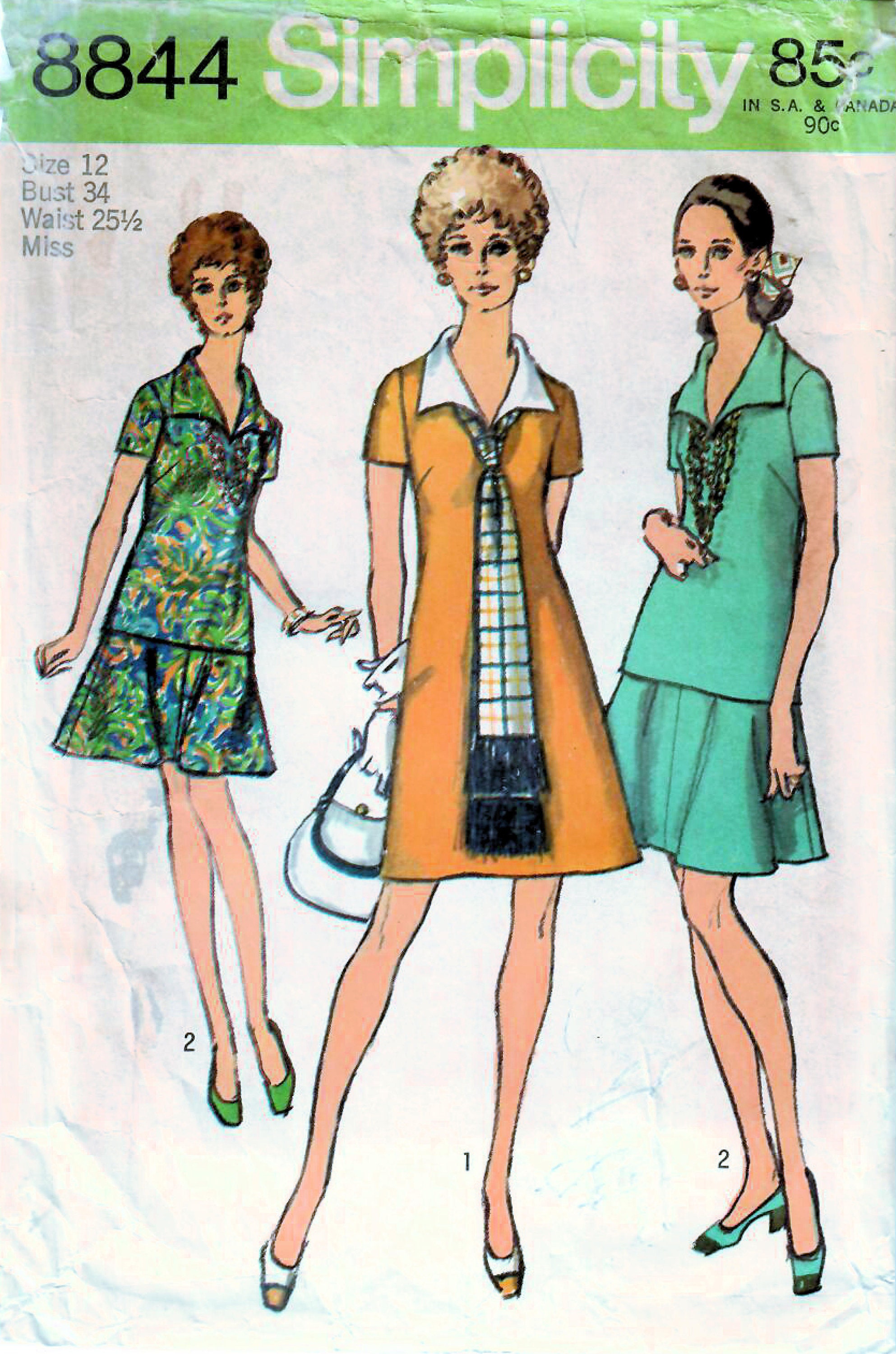 Simplicity 8881 Vintage 70's Sewing Pattern Mod V Neck Center Seam Fit &  Flared Mini Dress, Tunic Top & Pants Size 11/12