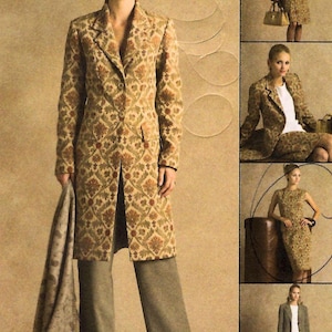 May include: A long-length jacket featuring a tan and brown damask pattern with a notched lapel and two-button closure, paired with solid tan trousers and a matching scarf. The set includes a sleeveless dress and a coordinating blazer in the same fabric.