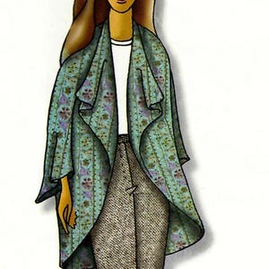May include: A fashion illustration of a figure wearing a teal open-front jacket with a floral and striped pattern, a plain white top, and textured grey trousers. The jacket features wide lapels and three-quarter length sleeves with a loose fit.