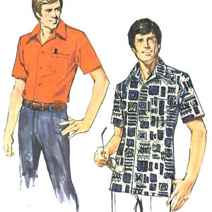 May include: Illustration of two short-sleeved shirts. One is orange with a pocket, brown belt, and blue pants. The other is a patterned shirt with a white, blue, and black design. The shirts are vintage style.