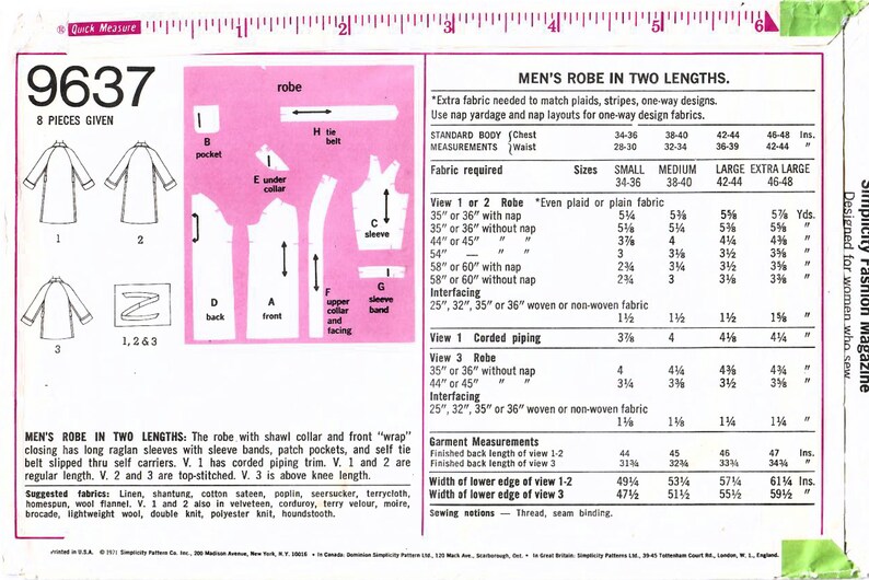 1970s Simplicity 9637 Vintage Sewing Pattern Men's Robe, Short Robe, Beach Coverup Size Medium, Size Large image 4