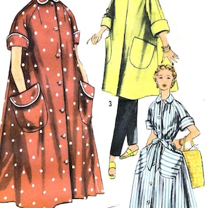 May include: A vintage sewing pattern illustration featuring three garments: a red coat with white polka dots and large pockets, a bright yellow coat with a high collar and pockets, and a blue and white striped dress with a belted waist and pockets.