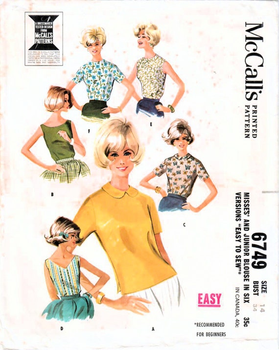 1960s Mccall's 6749 Vintage Sewing Pattern Misses Blouse, Pullover