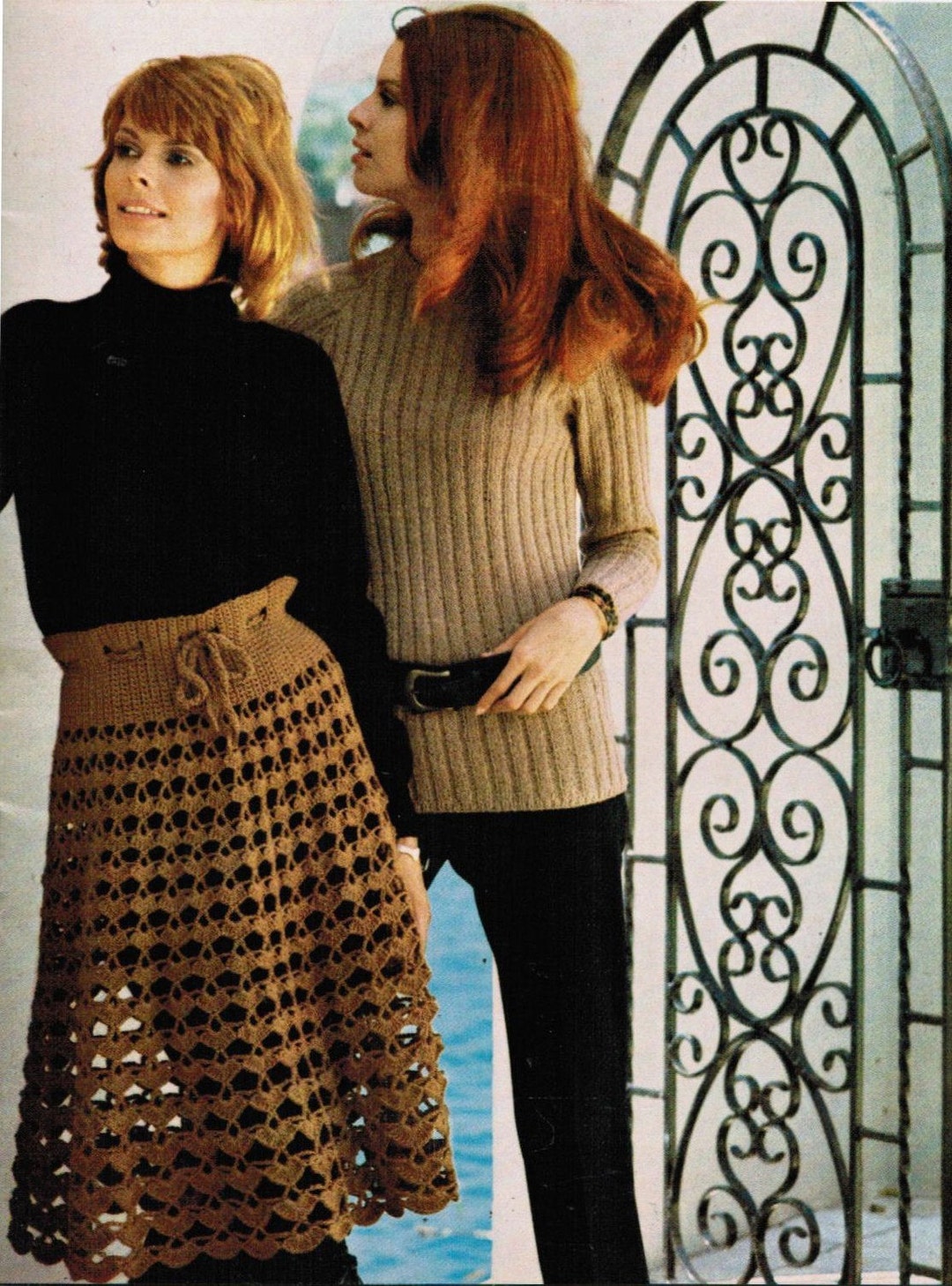 1970s Lacy Flared Skirt Crochet Pattern and Ribbed Sweater 1970s Lacy Flared Skirt Crochet Pattern and Ribbed Sweater