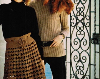 1970s Lacy Flared Skirt Crochet Pattern and Ribbed Sweater Knitting Pattern