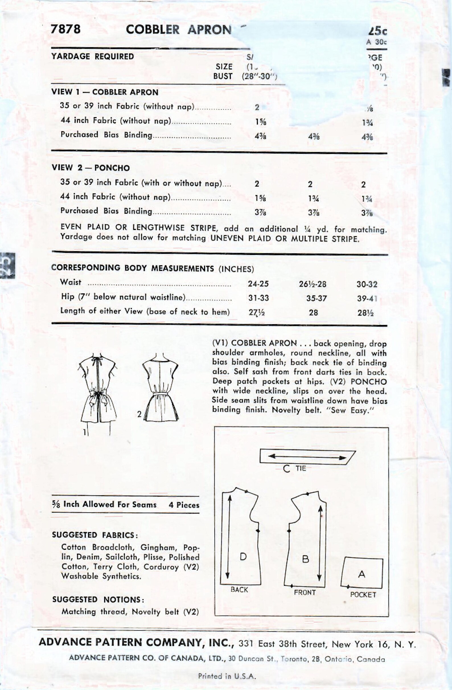 1950s Advance 7878 Vintage Sewing Pattern Misses Full Apron, Cobbler ...