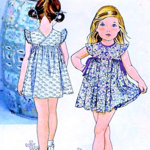 May include: Illustration of two young girls wearing vintage dresses. One dress is light blue with a small floral pattern, the other is purple with a floral pattern. Both dresses have ruffled sleeves and purple ribbon ties.