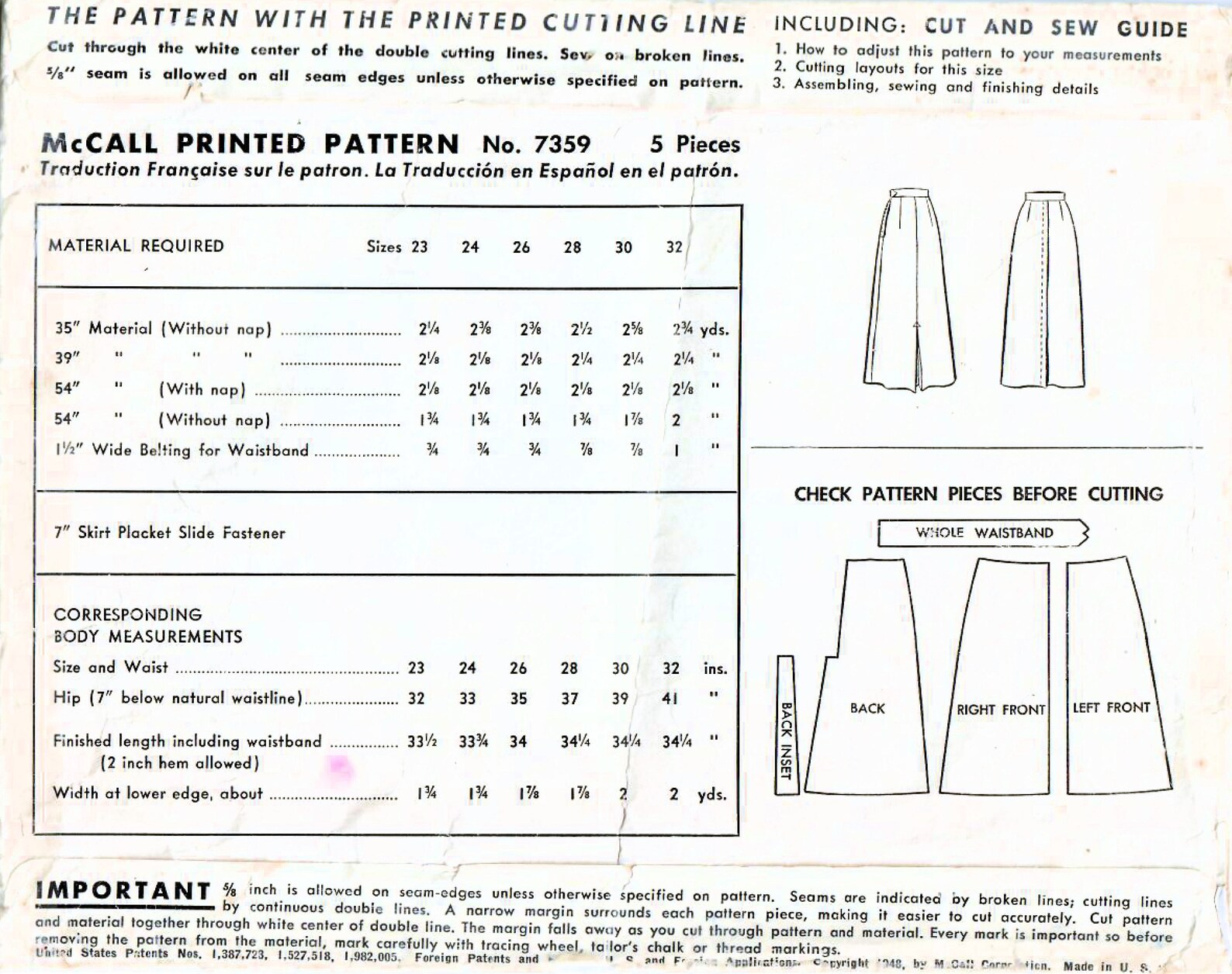 1940's McCall Straight Skirt Pattern - Waist 24