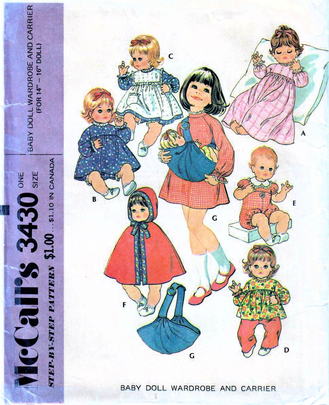 1970s Mccall's 3430 UNCUT Vintage Craft Pattern Baby Doll Clothes, Baby