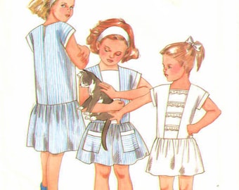 1980s New Look 2031 UNCUT Vintage Sewing Pattern Drop Waist Dress, Cap Sleeve Dress Girls Size 2 to 7