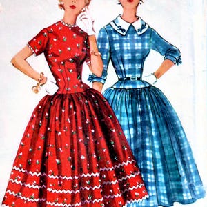 1950s Simplicity 4996 Vintage Sewing Pattern Full Skirt Dress, Afternoon Dress, Drop Waist Dress Junior Size 11 Bust 29