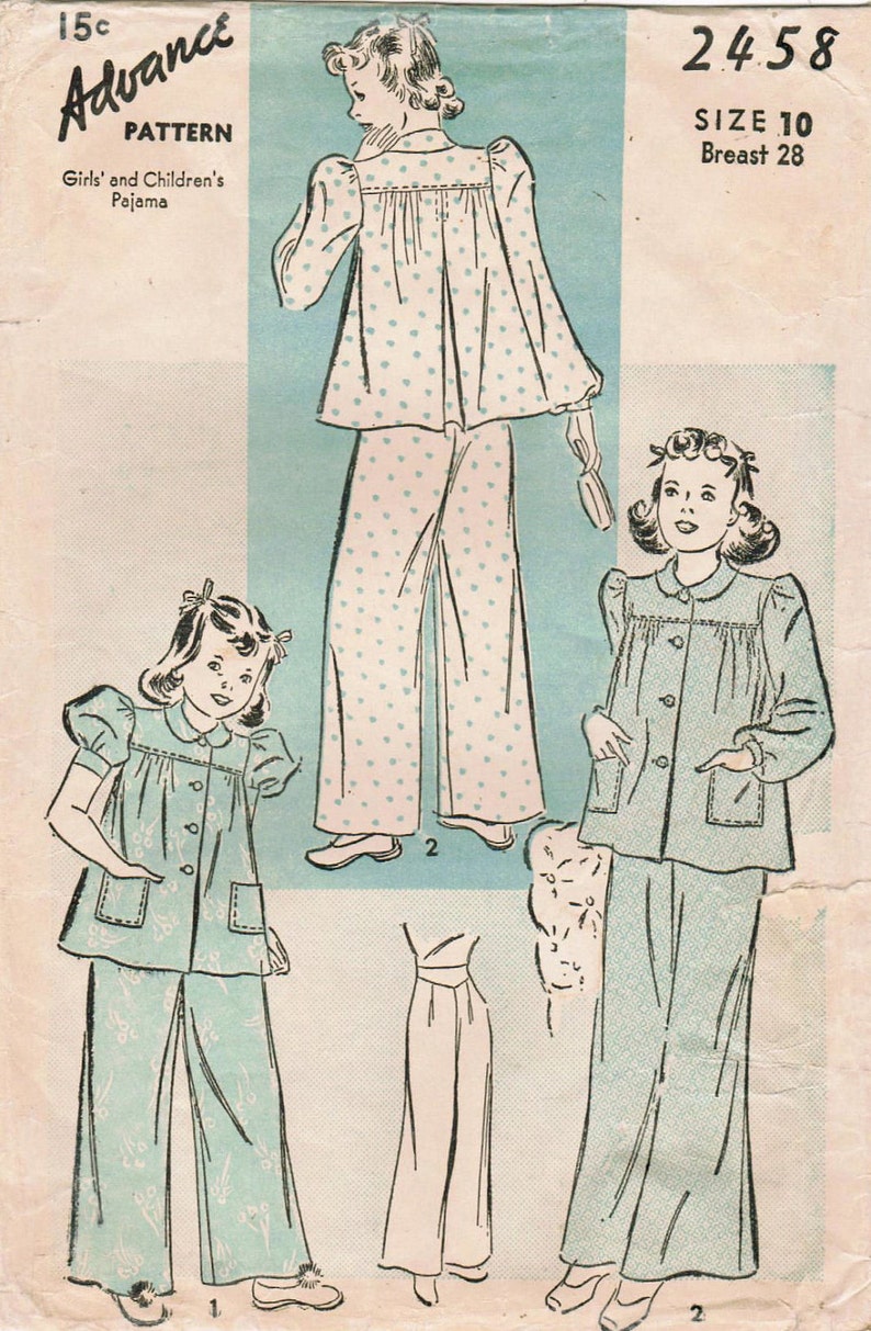1940s Advance 2458 Vintage Sewing Pattern Girls' Pajamas Size 10 image 2