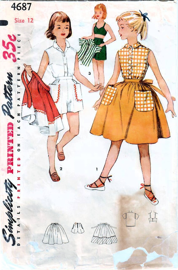 1950s Simplicity 4687 Vintage Sewing Pattern Girls Shorts, Sleeveless  Blouse, Bra Top, Wrap Skirt Size 12