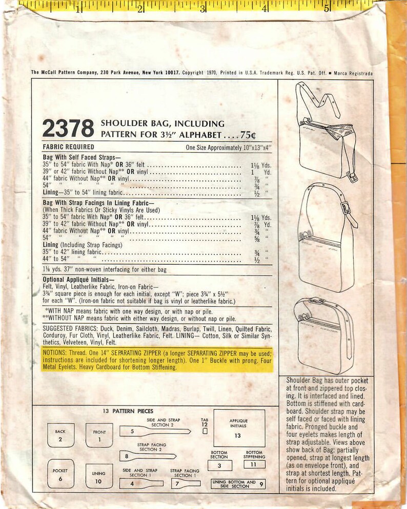 1970s McCall/'s 2378 Vintage Craft Pattern Shoulder Bag Monogram Bag Zippered Shoulder Bag