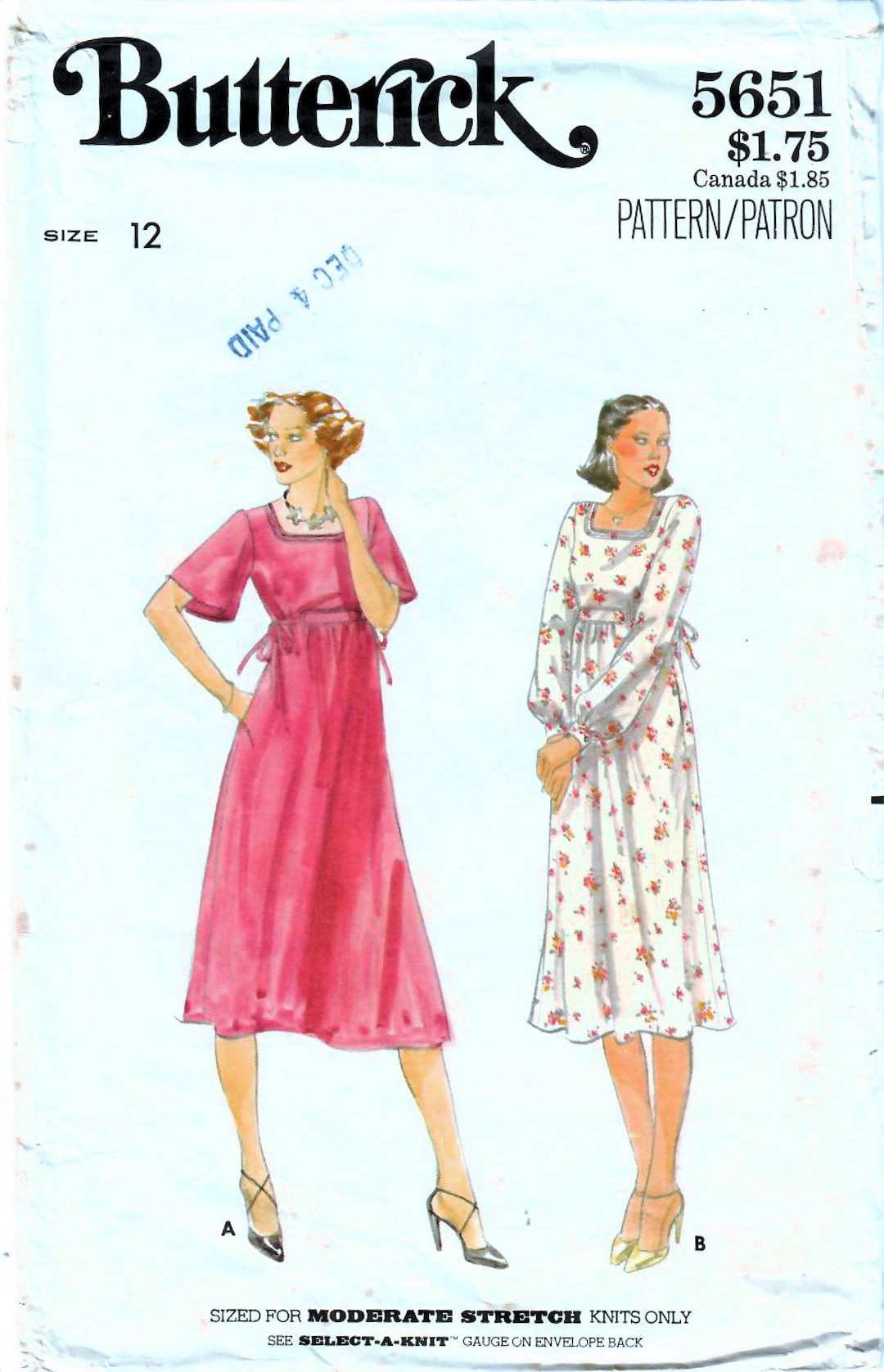 1970s Butterick 5651 Vintage Sewing Pattern Misses Empire Waist Dress ...
