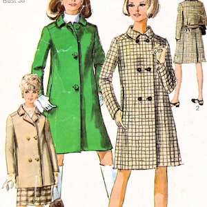 May include: A sewing pattern illustration featuring three coat designs. One is a solid green single-breasted coat, another is a beige double-breasted coat with a plaid skirt, and the third is a plaid double-breasted coat. Text reads Miss Size 18 Bust 38.