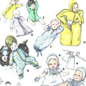 May include: A vintage sewing pattern illustration featuring various infant garments including a yellow hooded bunting, a white dress with a bonnet, a floral print sleeper, a pink patterned robe, and solid colored jackets labeled with letters A through H.