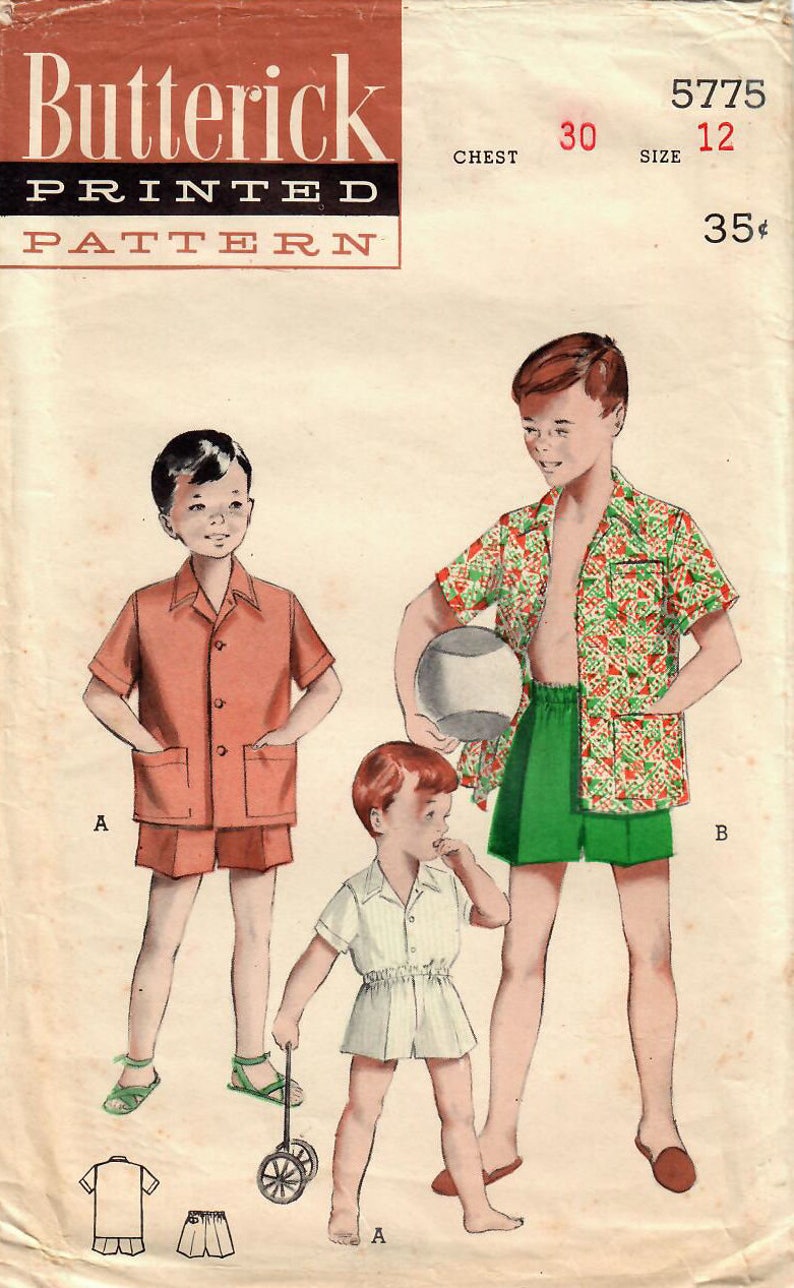 1950s Butterick 5775 UNCUT Vintage Sewing Pattern Boys Sports Shirt, Shorts, Boxer Shorts Size 2, Size 4, Size 12 image 1