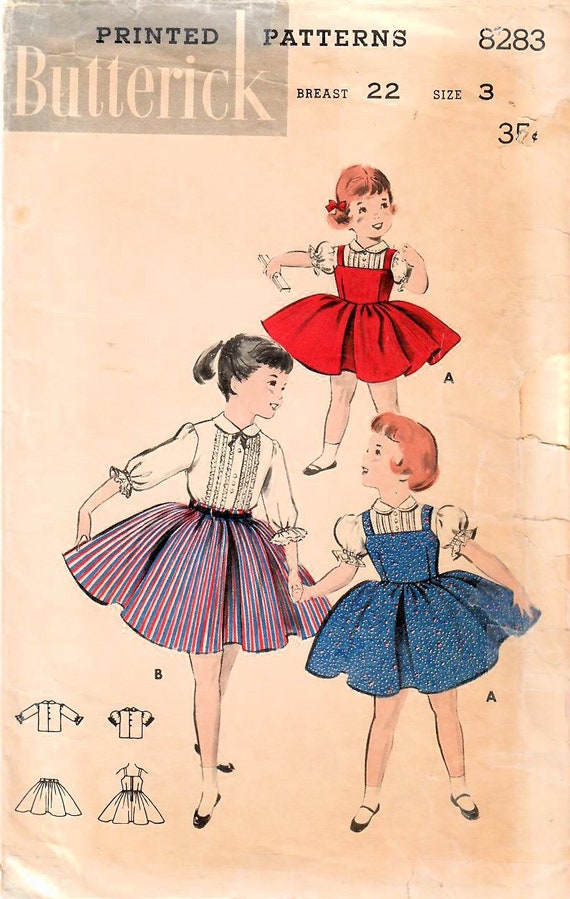 1950s Butterick 8283 Vintage Sewing Pattern Girls Full Skirt Jumper, Skirt,  Blouse Size 3 