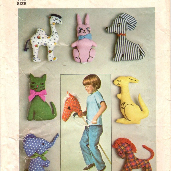 1970s Simplicity 7744 Vintage Craft Pattern Soft Toys Hobby Horse, Rabbit, Cat, Dog, Elephant, Horse, Camel, Kangaroo