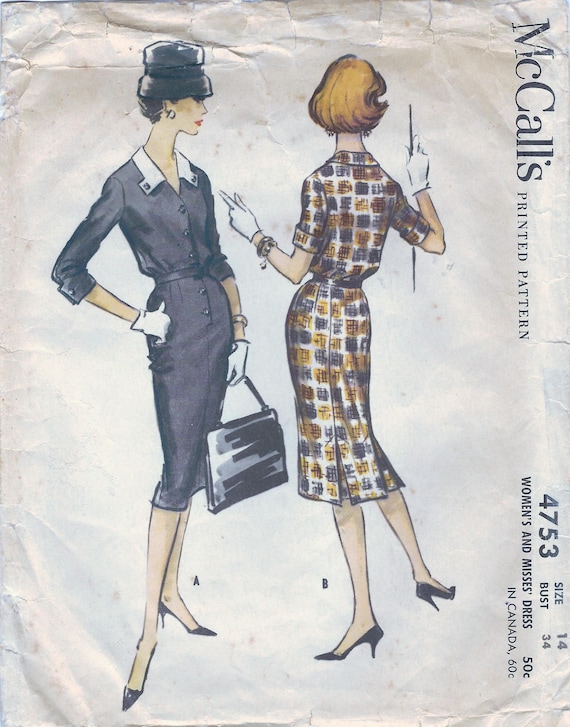McCall/'s 4145 Size 12 RARE Bust 32 Counted /& Complete 1950/'s Vintage Sewing Pattern Misses/' Princess Sheath with Large Collar