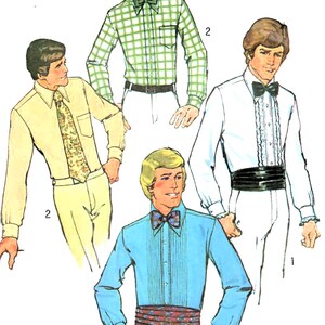 May include: Illustration of four different men's shirts. One is light yellow with a patterned tie, another is green plaid, a third is white with ruffles, and the last is light blue with pleats. All shirts are long-sleeved.