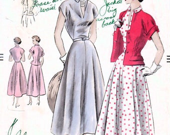 1940s Vogue 6744 Vintage Sewing Pattern Misses One-Piece Dress, Midi Dress, Fitted Jacket Size 14 Bust 32