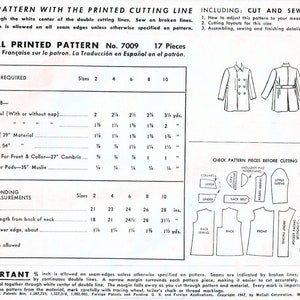 Puede incluir: Un patr&oacute;n de costura vintage de McCall's para un abrigo, con una ilustraci&oacute;n en blanco y negro de la prenda. El patr&oacute;n incluye instrucciones para cortar y coser, as&iacute; como los requisitos de material y las medidas del cuerpo. El patr&oacute;n es para las tallas 2-10 y requiere 17 piezas.
