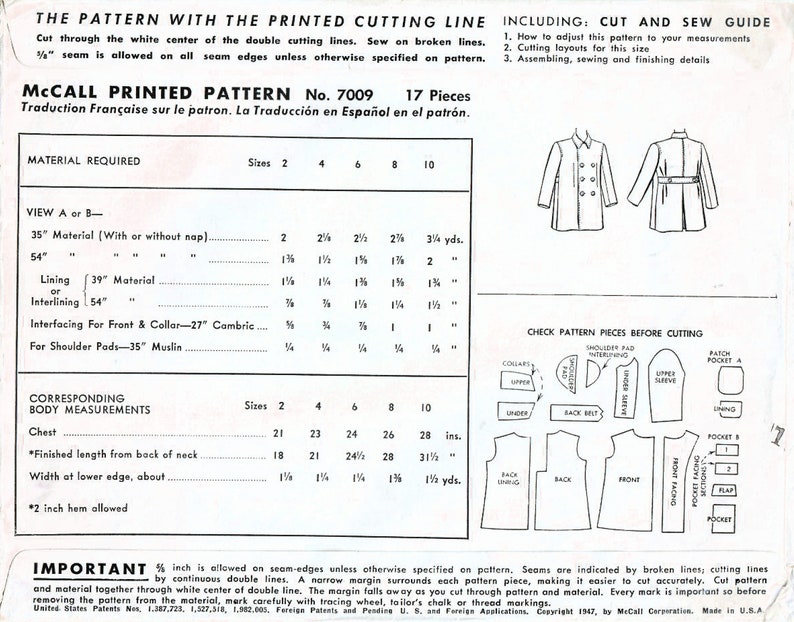 Puede incluir: Un patr&oacute;n de costura vintage de McCall's para un abrigo, con una ilustraci&oacute;n en blanco y negro de la prenda. El patr&oacute;n incluye instrucciones para cortar y coser, as&iacute; como los requisitos de material y las medidas del cuerpo. El patr&oacute;n es para las tallas 2-10 y requiere 17 piezas.