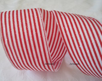 Red and White Stripes Christmas Ribbon, Wired Ribbon, Floral Wreath Ribbon, Gift Wrapping, Gift Wrap, Garland, Wire Edge, 2.5 inch, 10 YARDS
