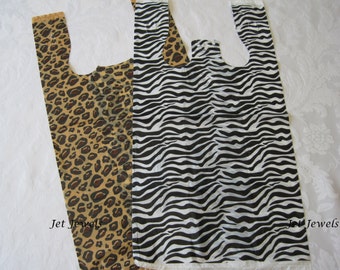 100 Plastic Bags, T Shirt Bags, Shopping Bags, TShirt Bags, Retail Merchandise Bags, Cheetah Leopard Animal Print, Zebra Print Bags 8x16