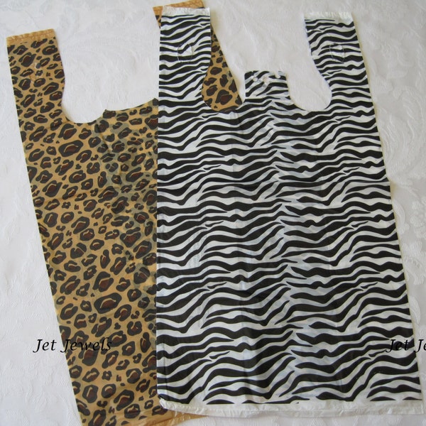 100 Plastic Bags, T Shirt Bags, Shopping Bags, TShirt Bags, Retail Merchandise Bags, Cheetah Leopard Animal Print, Zebra Print Bags 8x16