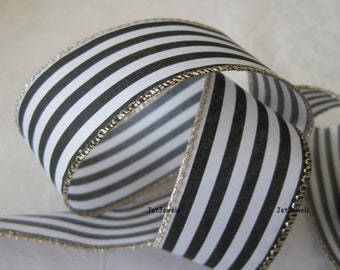 Black and White Stripe Ribbon, Gold Wired Edge, Gift Wrapping, 1.5 inch, 10 Yards