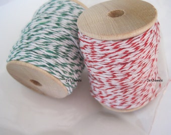50 YARDS Cotton Twine, Cotton String, Red and Green, Bakers Twine, Christmas Holiday Gift Wrap, Gift Wrapping, On 2 inch Wood Spool