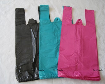 100 Plastic Shopping Bags, Plastic Gift Bag, T Shirt Bags, TShirt Bag, Retail Boutique Bag, Pink, Black, Teal Blue, 7x16 in