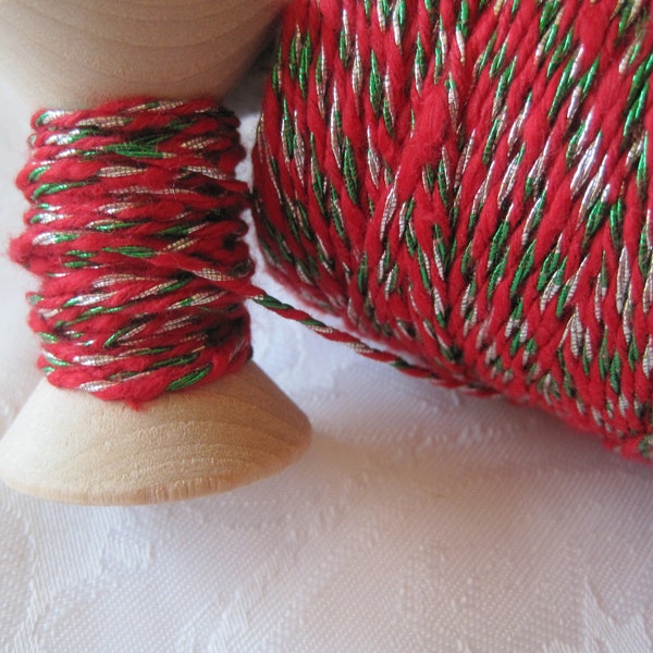 25 YARDS Cotton Twine, Red and Green String, Bakers Twine, Silver Metallic, Christmas Gift Wrap, Stocking Stuffer Filler, On Wood Spool